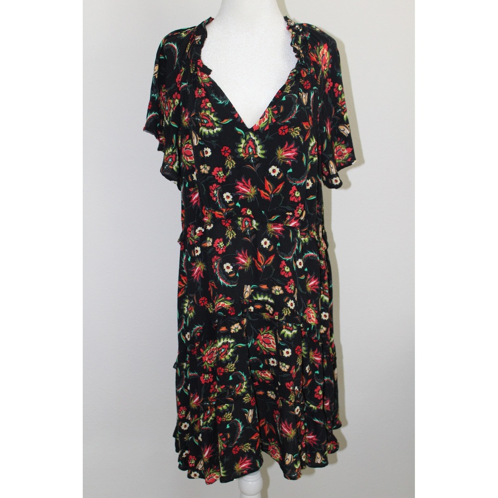 Anthropologie‎ Floral V-Neck Ruffle Tiered Mini Dress Black Multi Women's Size M